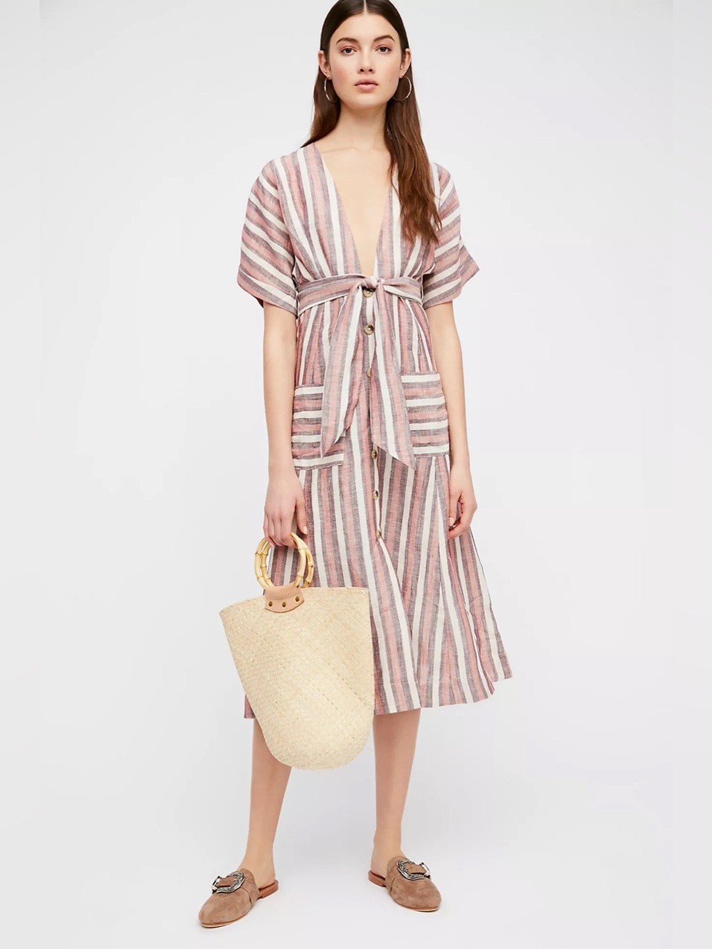 Free People Linen Monday Striped Tie-Front Midi Dress in Plum S